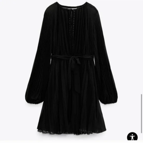 Zara | Dresses | Zara Black Pleated Puff Sleeve Semisheer Belted Mini Dress  | Poshmark